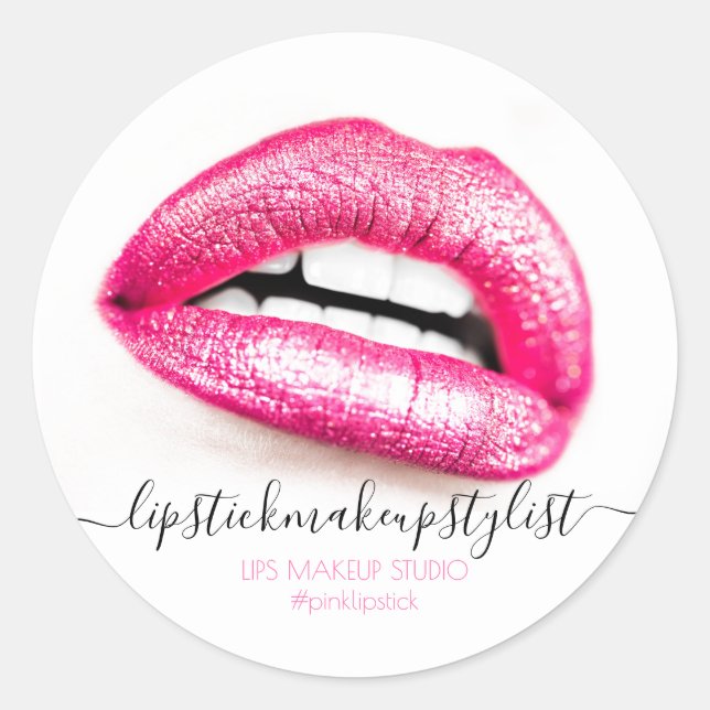 Pink Glitter Lips Makeup Artist Beauty Studio Classic Round Sticker (Front)