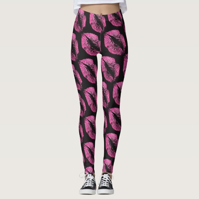 Pink Glitter Lips Modern Black Leggings (Front)