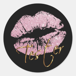 Pink Glitter Lips on Black - Tester Classic Round Sticker