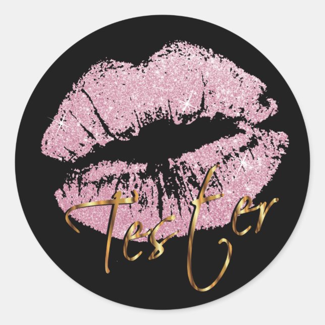 Pink Glitter Lips on Black - Tester Classic Round Sticker (Front)