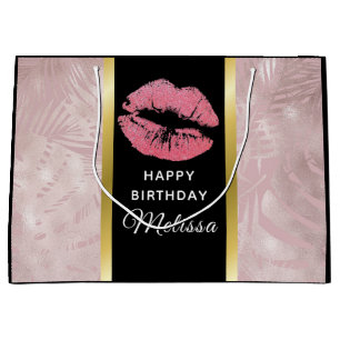 Pink Glitter Lips & Rose Gold  Leaves Birthday Large Gift Bag