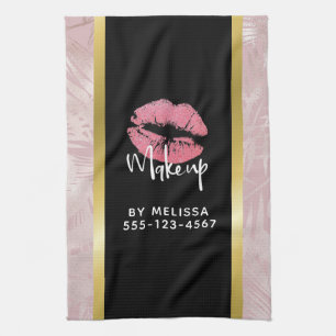 Pink Glitter Lips & Rose Gold Leaves Makeup Biz Tea Towel