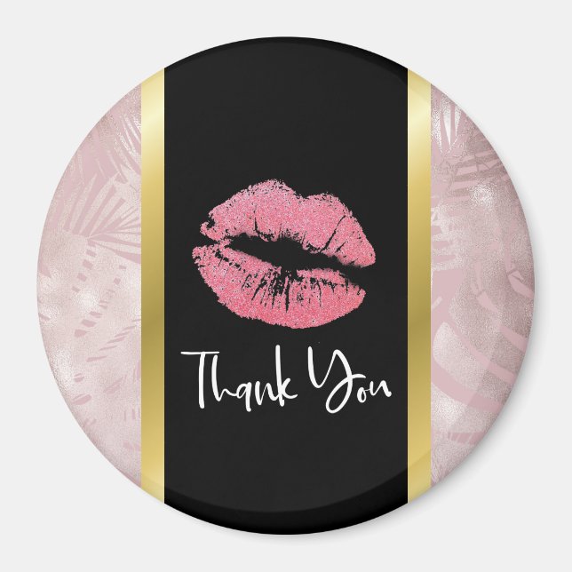 Pink Glitter Lips & Rose Gold Leaves Thank You Magnet (Front)