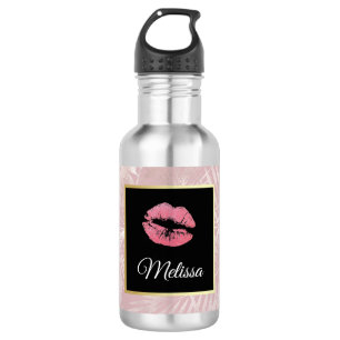 Pink Glitter Lips & Rose Gold Tropical Leaves 532 Ml Water Bottle