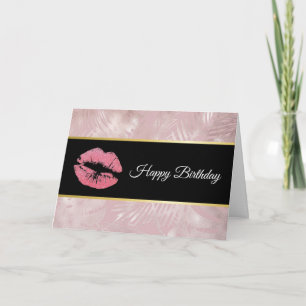 Pink Glitter Lips & Rose Gold Tropical Leaves Card