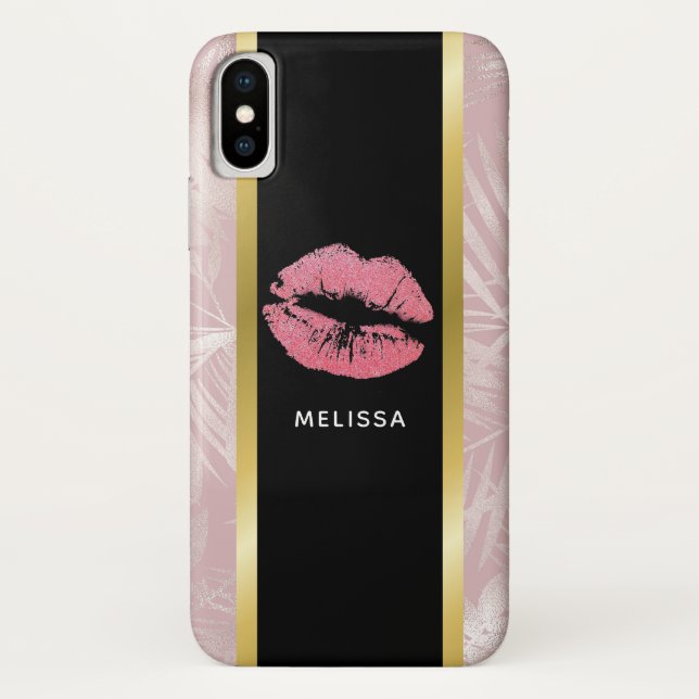 Pink Glitter Lips & Rose Gold Tropical Leaves Case-Mate iPhone Case (Back)