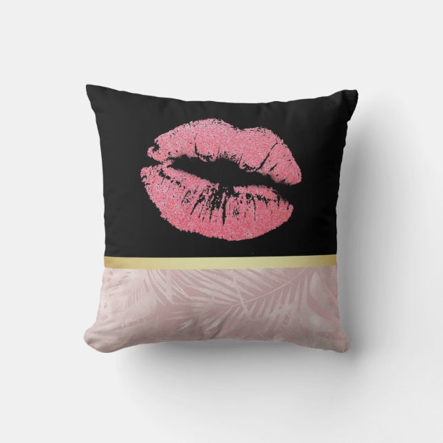 Pink Glitter Lips & Rose Gold Tropical Leaves Cushion (Front)