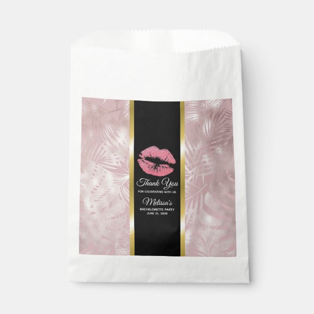 Pink Glitter Lips & Rose Gold Tropical Leaves Favour Bag (Front)
