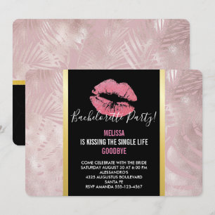 Pink Glitter Lips & Rose Gold Tropical Leaves Invitation
