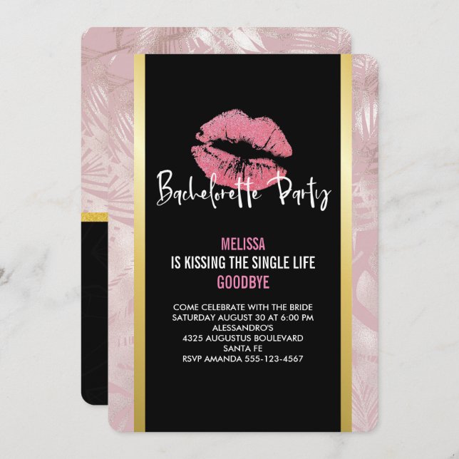Pink Glitter Lips & Rose Gold Tropical Leaves Invitation (Front/Back)