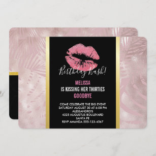 Pink Glitter Lips & Rose Gold Tropical Leaves Invitation