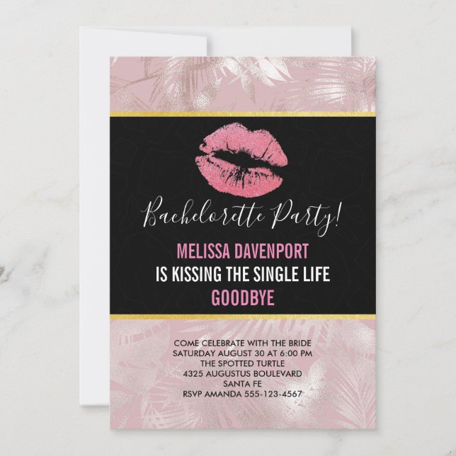Pink Glitter Lips & Rose Gold Tropical Leaves Invitation (Front)