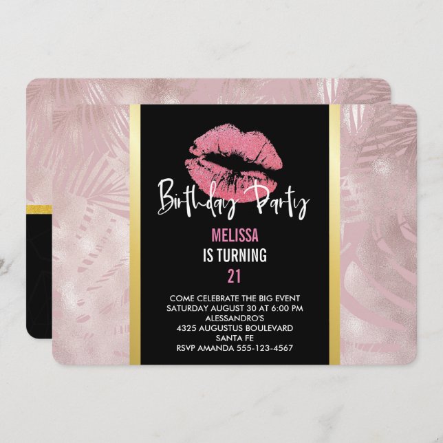 Pink Glitter Lips & Rose Gold Tropical Leaves Invitation (Front/Back)