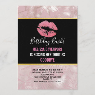 Pink Glitter Lips & Rose Gold Tropical Leaves Invitation