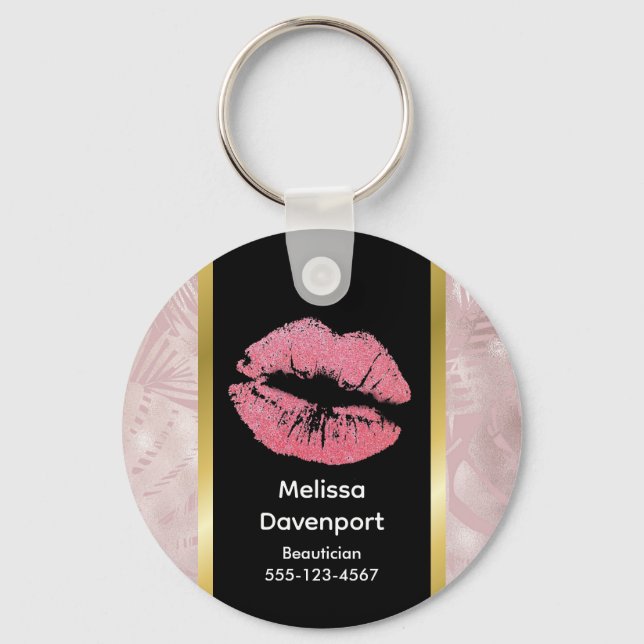 Pink Glitter Lips & Rose Gold Tropical Leaves Key Ring (Front)