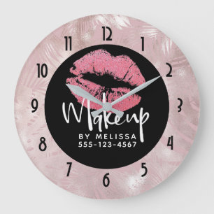 Pink Glitter Lips & Rose Gold Tropical Leaves Large Clock