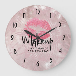 Pink Glitter Lips & Rose Gold Tropical Leaves Large Clock