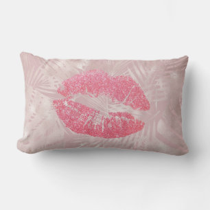 Pink Glitter Lips & Rose Gold Tropical Leaves Lumbar Cushion