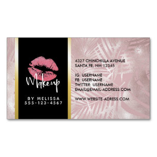 Pink Glitter Lips & Rose Gold Tropical Leaves Magnetic Business Card