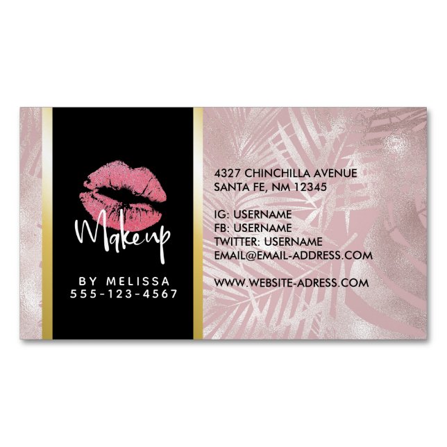 Pink Glitter Lips & Rose Gold Tropical Leaves Magnetic Business Card (Front)