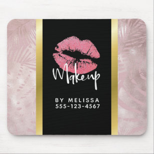 Pink Glitter Lips & Rose Gold Tropical Leaves Mouse Pad