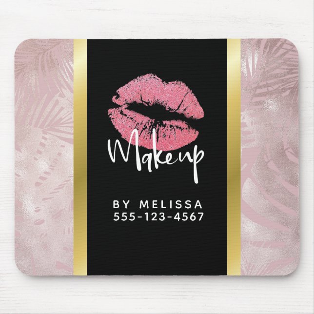 Pink Glitter Lips & Rose Gold Tropical Leaves Mouse Pad (Front)
