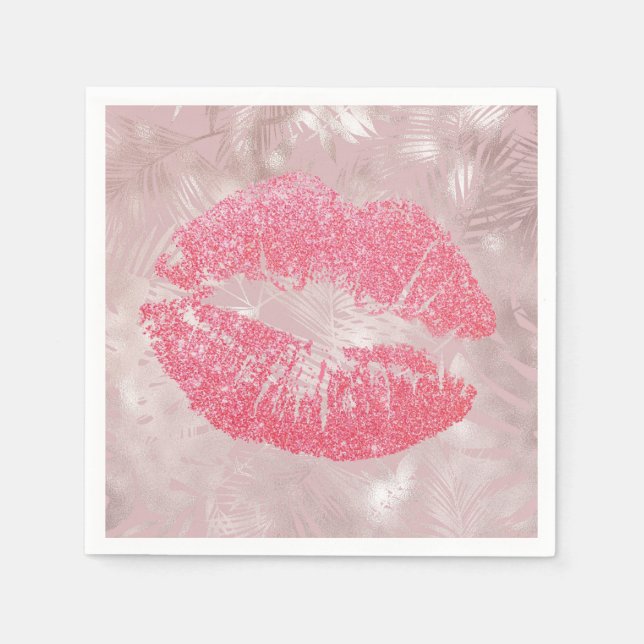 Pink Glitter Lips & Rose Gold Tropical Leaves Napkin (Front)