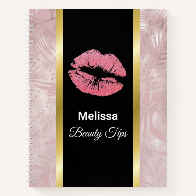 Pink Glitter Lips & Rose Gold Tropical Leaves Notebook (Front)