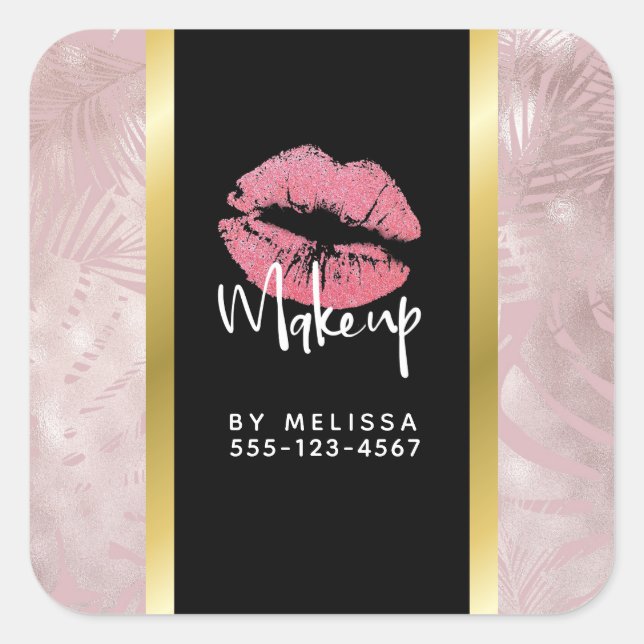 Pink Glitter Lips & Rose Gold Tropical Leaves Square Sticker (Front)