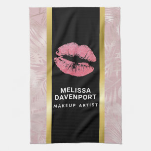 Pink Glitter Lips & Rose Gold Tropical Leaves Tea Towel