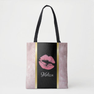 Pink Glitter Lips & Rose Gold Tropical Leaves Tote Bag