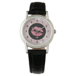 Pink Glitter Lips & Rose Gold Tropical Leaves Watch