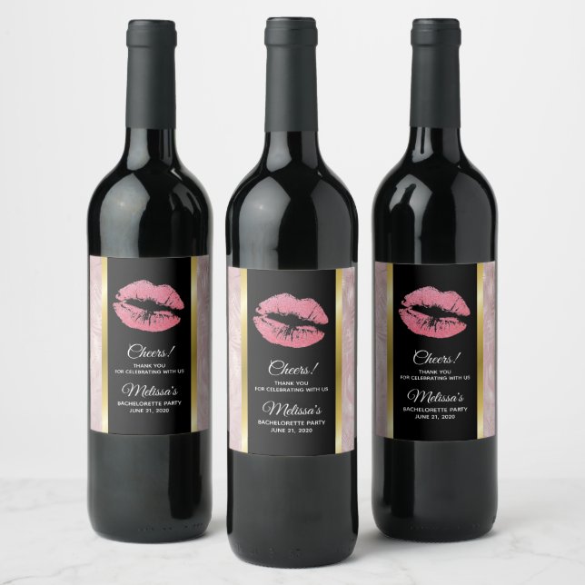 Pink Glitter Lips & Rose Gold Tropical Leaves Wine Label (Bottles)