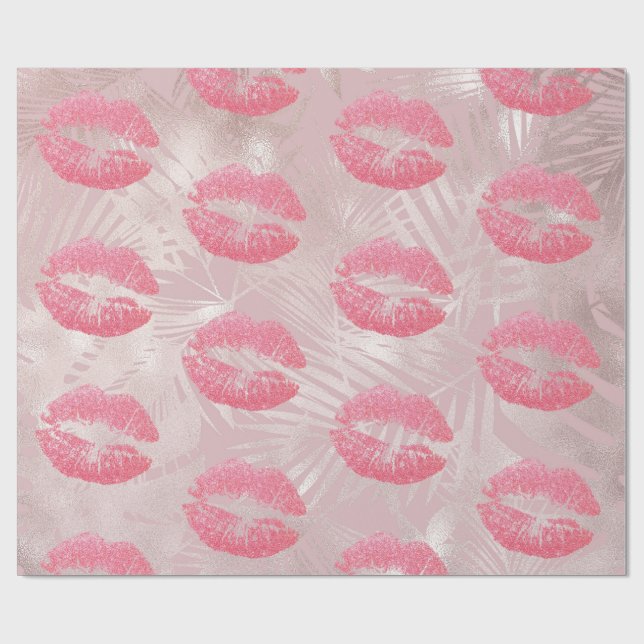 Pink Glitter Lips & Rose Gold Tropical Leaves Wrapping Paper (Flat)