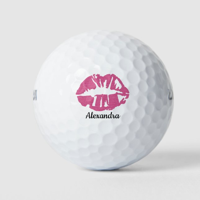 Pink Glitter Lipstick Girly Kiss Customised Name Golf Balls (Front)