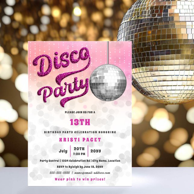 Pink Glitter Look Disco Party Birthday Invitation (Fun pink glitter disco party invitation.)