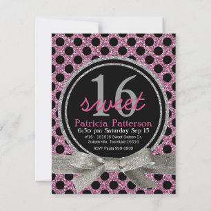 Pink Glitter Look Polka Dot Sweet 16 Invitation