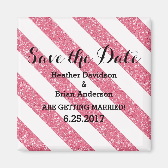 Pink Glitter Look Stripes Save the Date Magnet (Front)