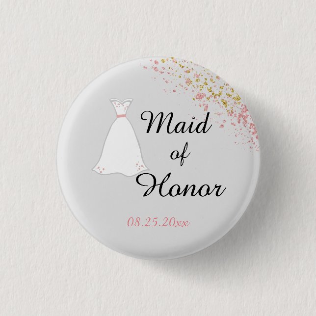 Pink Glitter Maid of Honor 3 Cm Round Badge (Front)