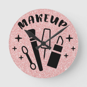 Pink Glitter Makeup Themed Salon Round Clock