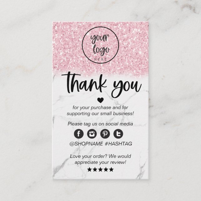Pink Glitter Marble Business Thank You For Order Card (Front)