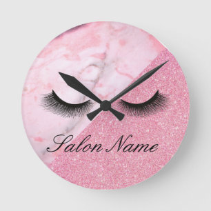 Pink, Glitter, Marble, Stylist, Salon Round Clock