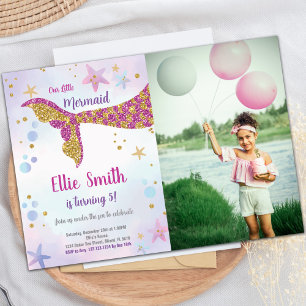 Pink Glitter Mermaid Invitations with photo