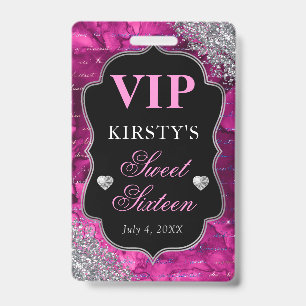 Pink Glitter Mermaid Letters Sweet Sixteen VIP ID Badge