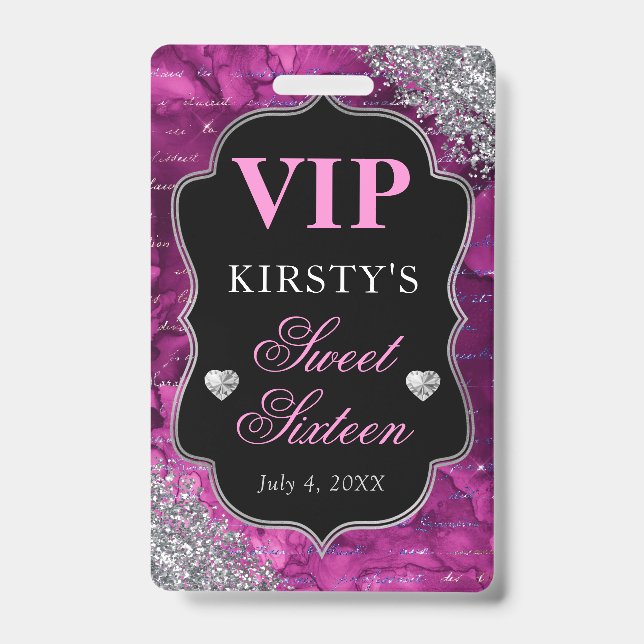 Pink Glitter Mermaid Letters Sweet Sixteen VIP ID Badge (Front)