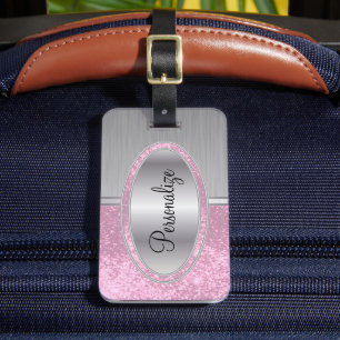 Pink Glitter & Metal Brush Steel Print Luggage Tag