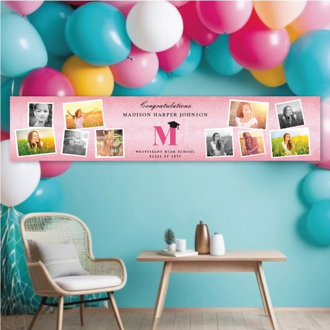 Pink Glitter Monogram 10 Photo Graduation Party Banner (Pink Glitter Name Monogram Stylish 10 Photo Graduation Party Banner @ www.zazzle.com/color_therapy)