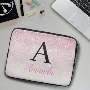  Pink Glitter Monogram Add Your Name + Initial Laptop Sleeve