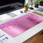 Pink Glitter Monogram Desk Mat<br><div class="desc">Custom monogram desk mat featuring pink faux glitter dripping on a pink faux brushed metallic background. Personalise with your name in an elegant white script with swashes.</div>