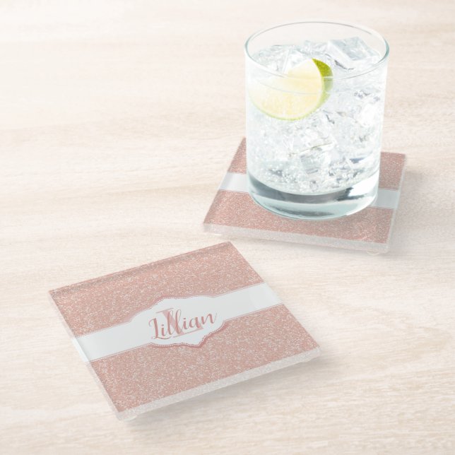 Pink Glitter Monogram Glass Coaster (Angled)